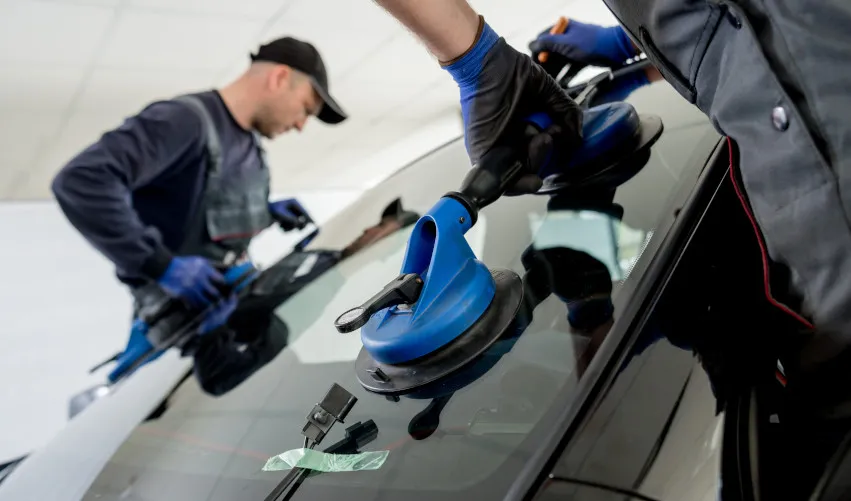 Technician replacing a cracked windshield