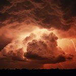 Red glowing sky storm with lightening