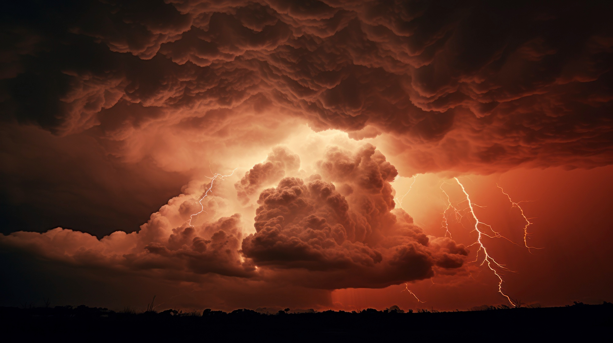 Red glowing sky storm with lightening