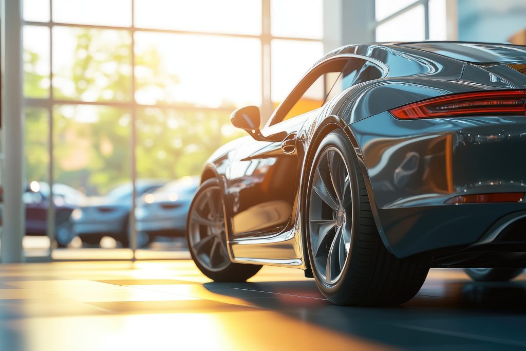 Luxury sports car with a sleek gray finish parked inside a showroom, reflecting sunlight from large glass windows with other vehicles in the background.