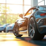 Luxury sports car with a sleek gray finish parked inside a showroom, reflecting sunlight from large glass windows with other vehicles in the background.